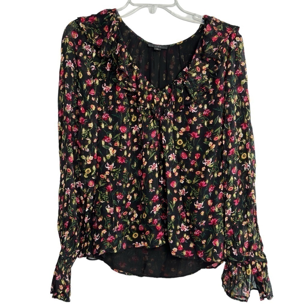 J CREW Ruffleneck Peasant Top Black Flora Gold Metallic Blouse Womens Large NWOT